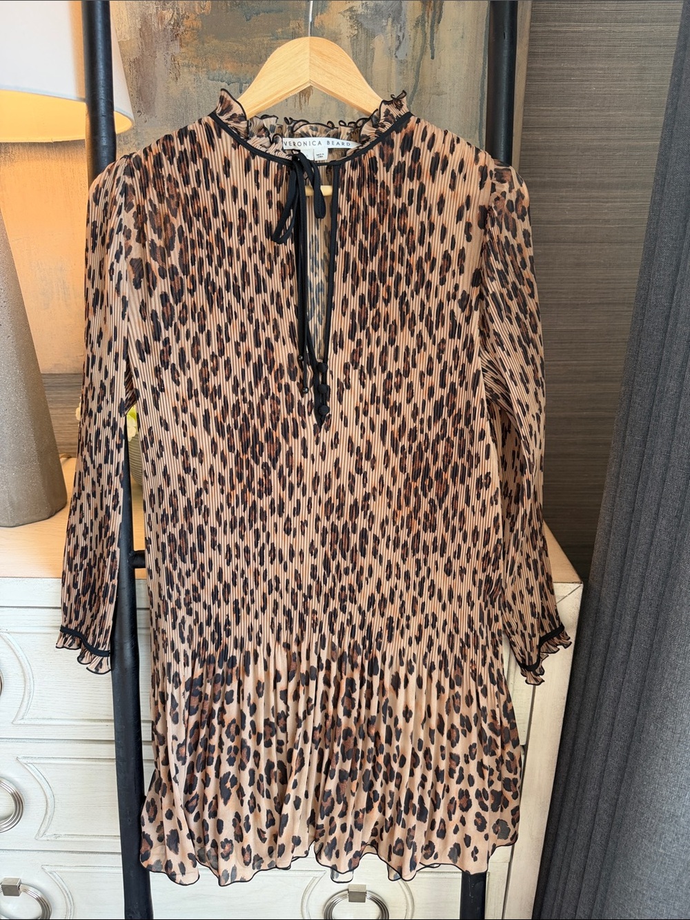 Veronica Beard Leopard-Print Pleated Long-Sleeve Dress - Tan & Black